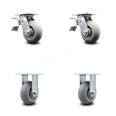 Service Caster 5 Inch Thermoplastic Rubber Caster Set with Ball Bearings 2 Brakes 2 Rigid SCC SCC-TTL30S520-TPRBD-2-R-2